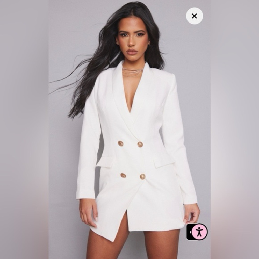 PrettyLittleThing White Double-Breasted Blazer Dress with Structured Shoulders